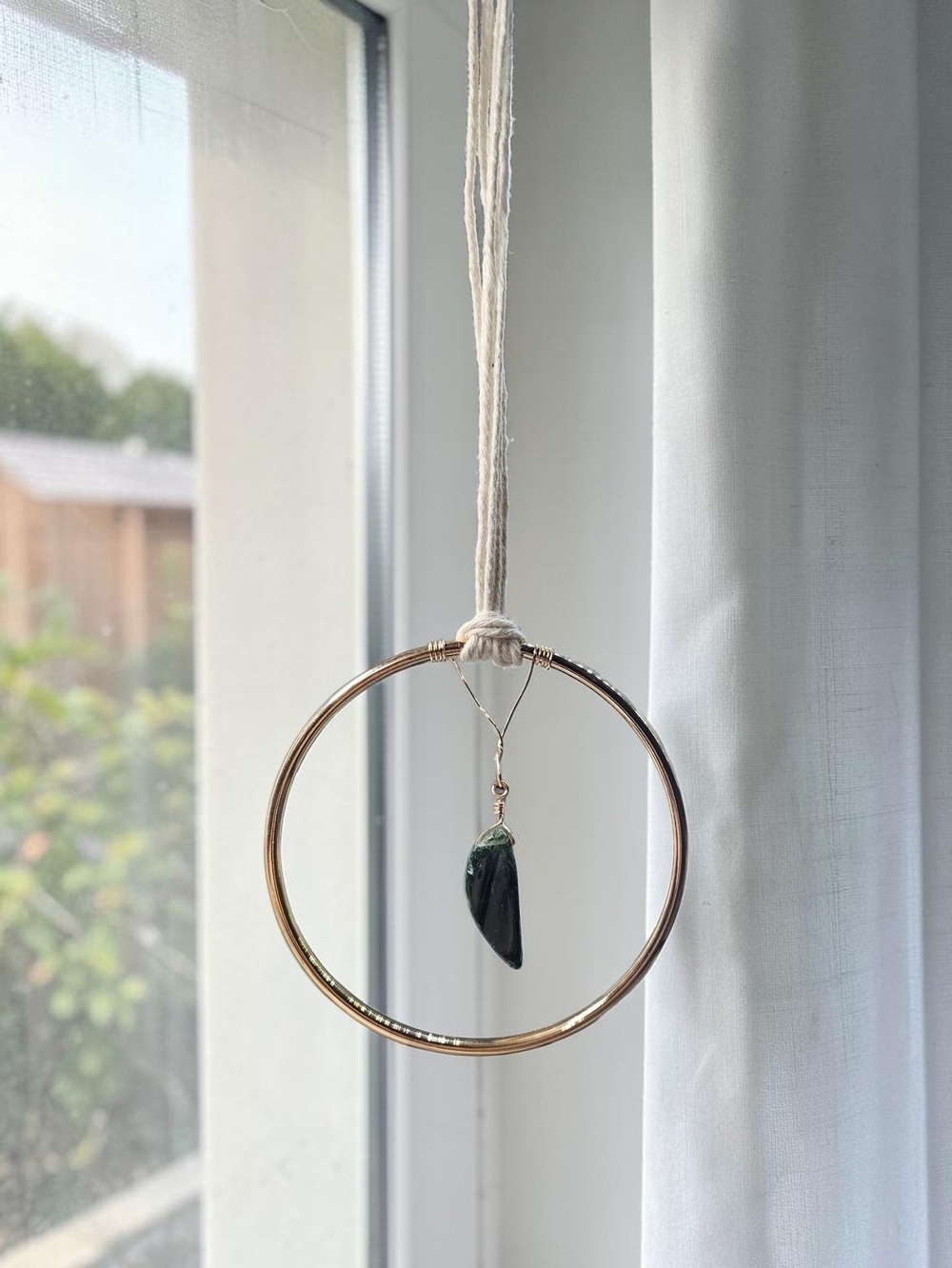 Gold Metal Hoop Hanging Pendant with Dark Green Stone
